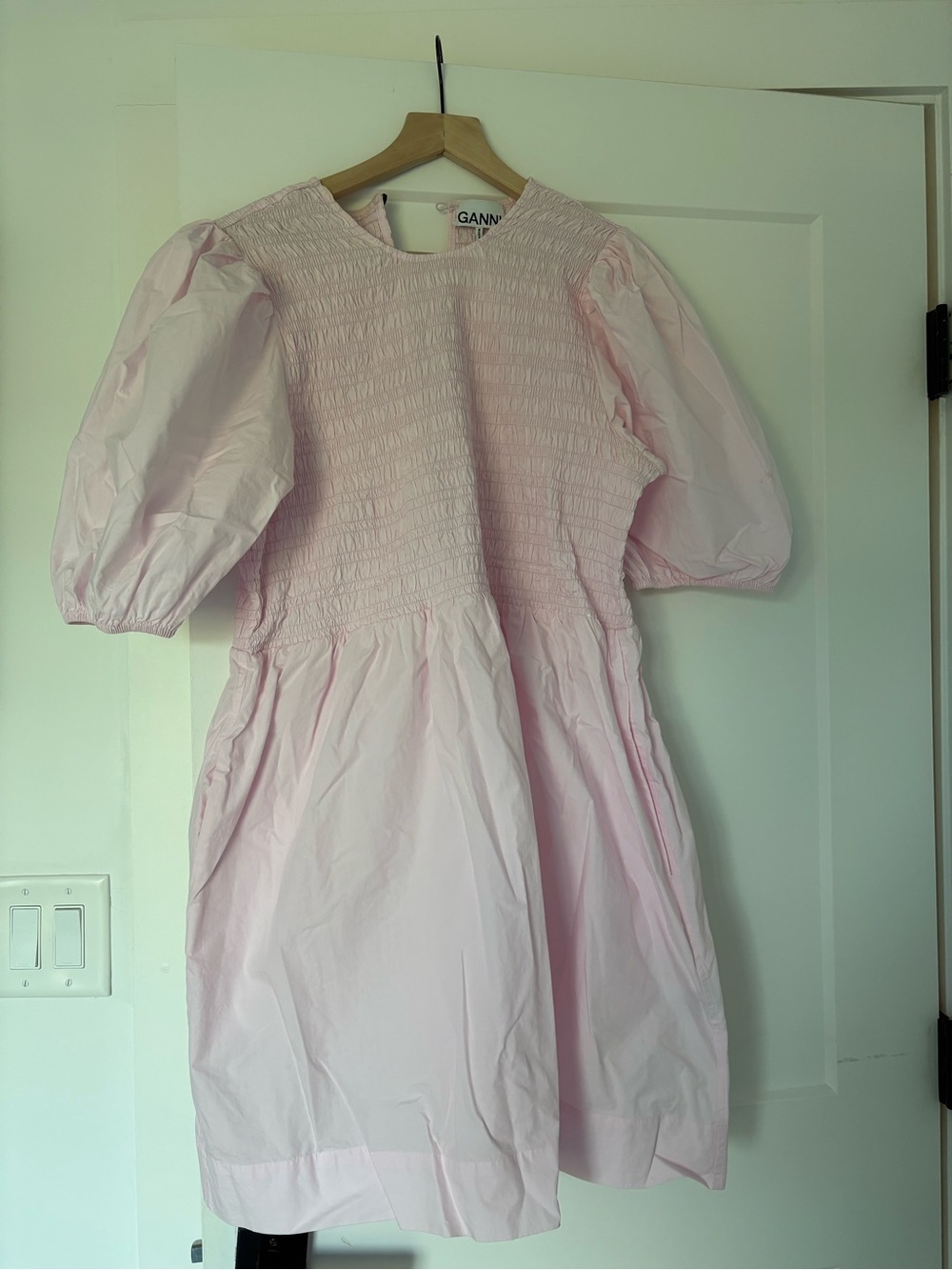 Ganni Light Pink Puff-Sleeve Smocked Dress